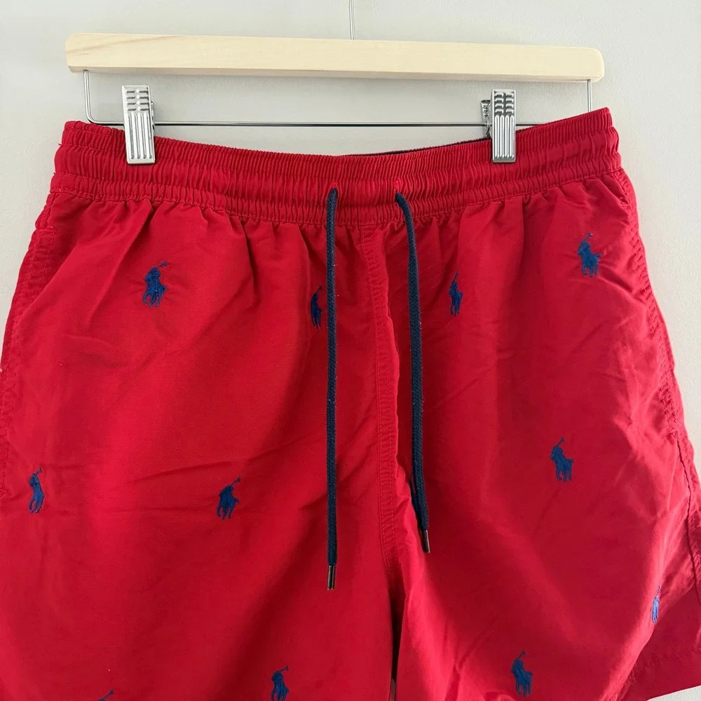 Polo Ralph Lauren Mens Red Blue Pony Embroidered Swim Trunks M Preppy Nautical